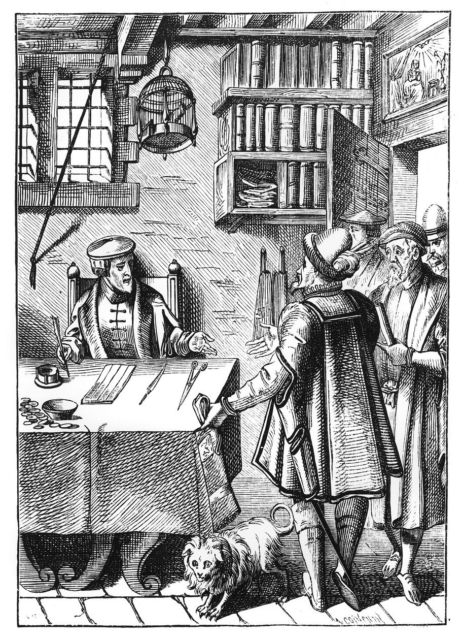Der Steuereinnehmer, nach einem Holzschnitt in Praxis Rerum Civilium von Joos de Damhouder (1507-81) veröffentlicht in Antwerpen, 1557 von Dutch School