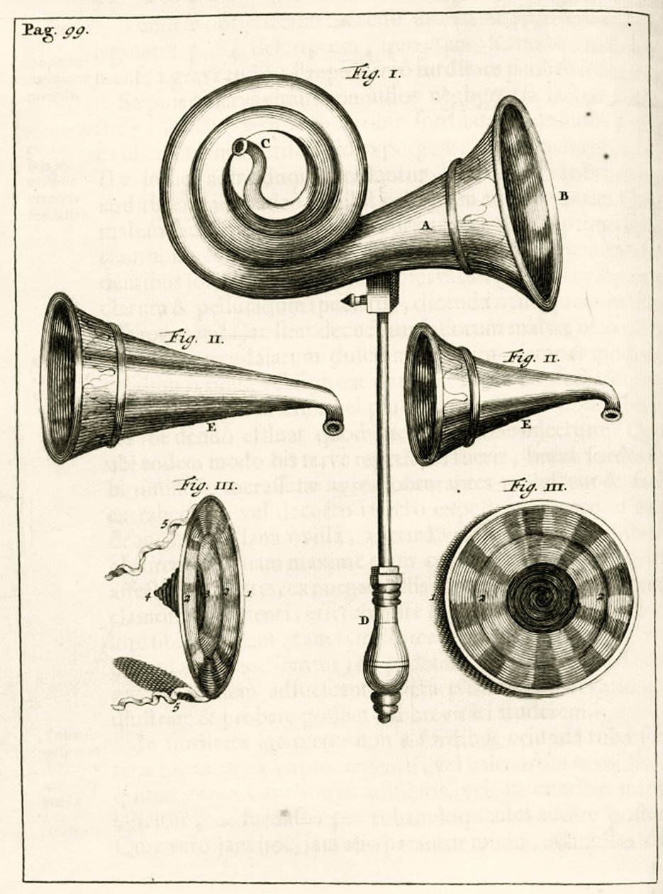 Verschiedene Hörgeräte, aus Exercitationes Practicae circa Medendi Methodum von Frederik Dekkers, 1694 von Dutch School