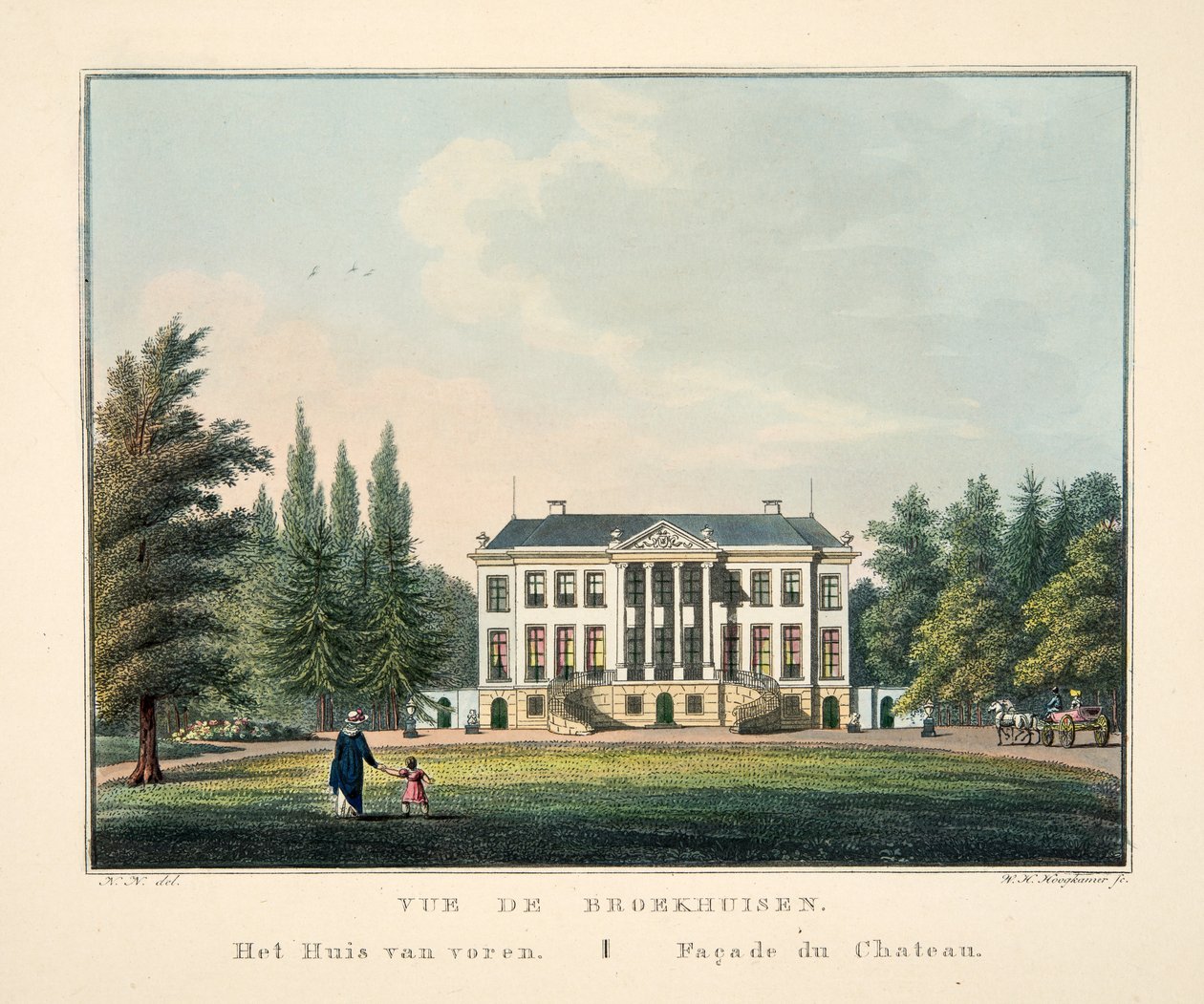 Ansicht von Broekhuisen. Das Haus von vorne. Fassade des Schlosses von Dutch School
