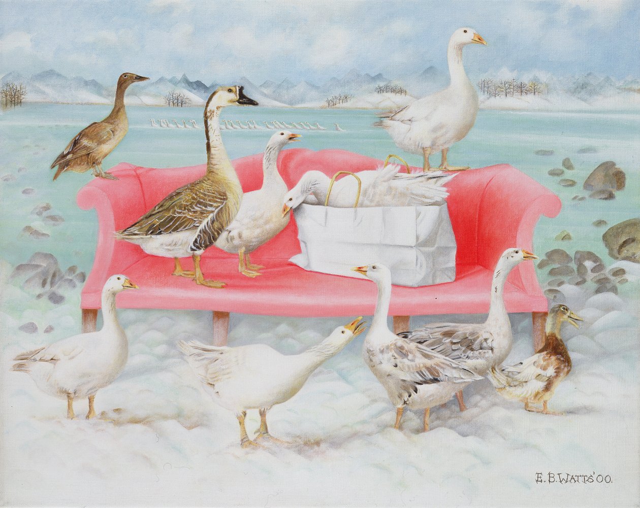 Gänse auf rosa Sofa, 2000 von E.B. Watts