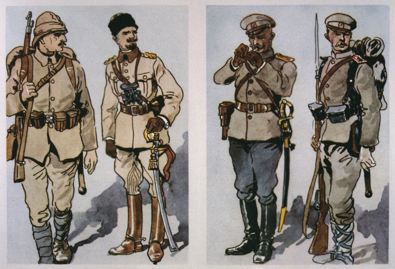 Türkischer Infanterist und Offizier (links) und bulgarischer Infanterieoffizier und Fußsoldat von 1917 (rechts) von 1917 von E. (after) Dobrich