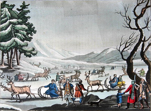 Tungusen verlassen ihr Winterlager auf von Rentieren gezogenen Schlitten, ca. 1820 von E. (after) Karnejeff