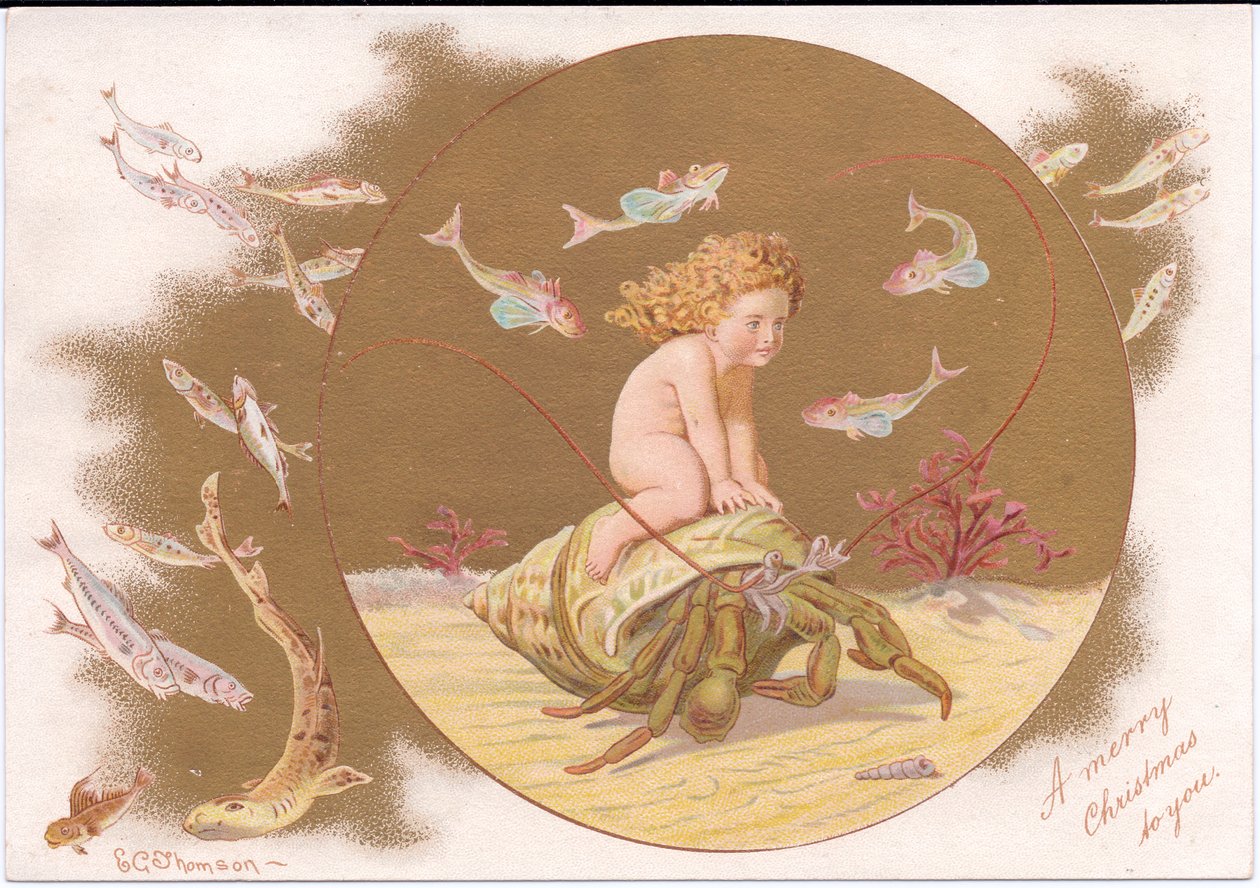 Eine viktorianische Weihnachtskarte von einem Einsiedlerkrebs in einer Muschel, der von einem Wasserbaby geritten wird, umgeben von einem Fischschwarm, von Gertrude Thompson, ca. 1895 von E. Gertrude Thompson