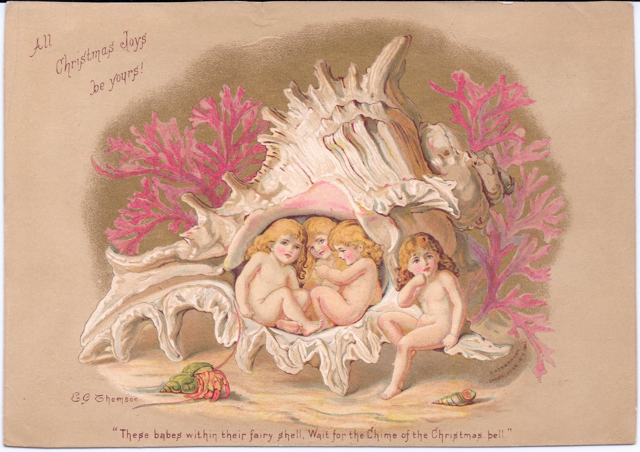 Eine viktorianische Weihnachtskarte von vier Wasserbabys, die in einer Ramrose-Murex-Muschel sitzen, vor einem Hintergrund aus Korallen und einem Einsiedlerkrebs in seiner Muschel, von Gertrude Thompson, ca. 1895 von E. Gertrude Thompson