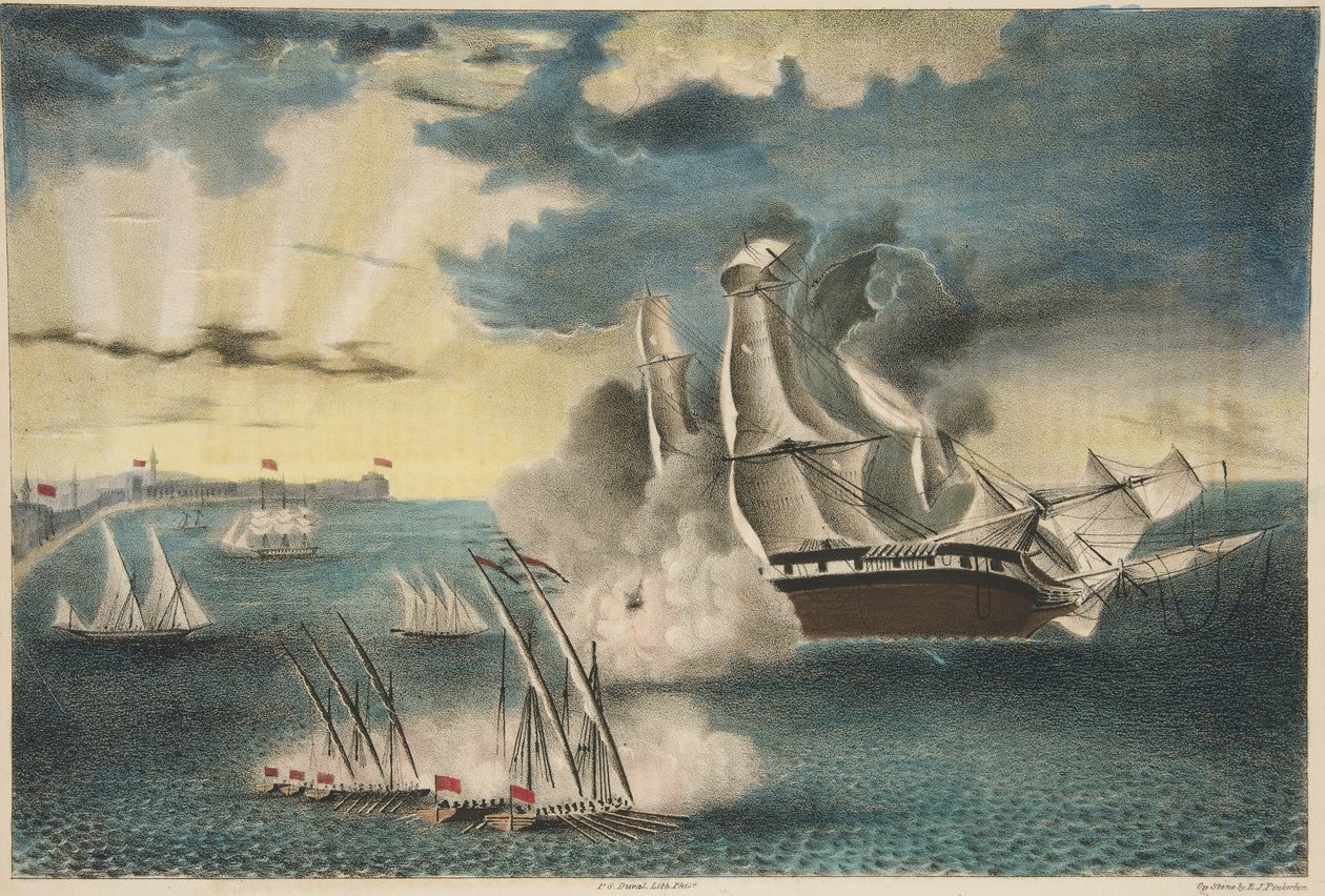 Die US-Fregatte Philadelphia auf den Felsen vor Tripolis aus Army and Navy Magazine, veröffentlicht 1840 von E. J. Pinkerton