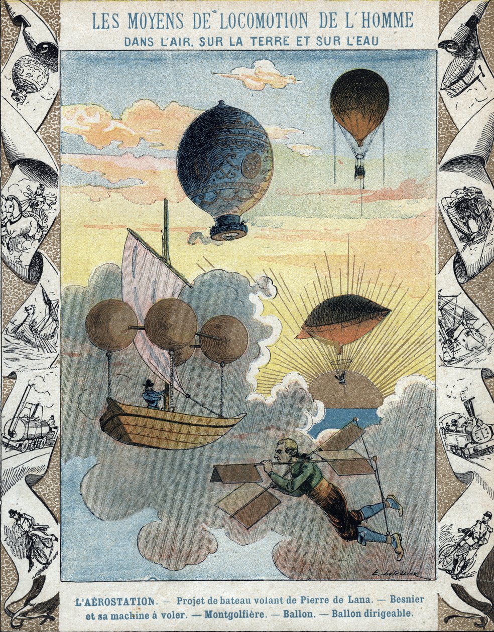 Aerostation - Flugbootprojekt von Pierre de Lana - Fluggerät von Besnier (1678) - Ballon - Luftschiffballon - Illustration von E Letellier - Schutz historisches Notizbuch, Ende 19. Jahrhundert von E. Letellier