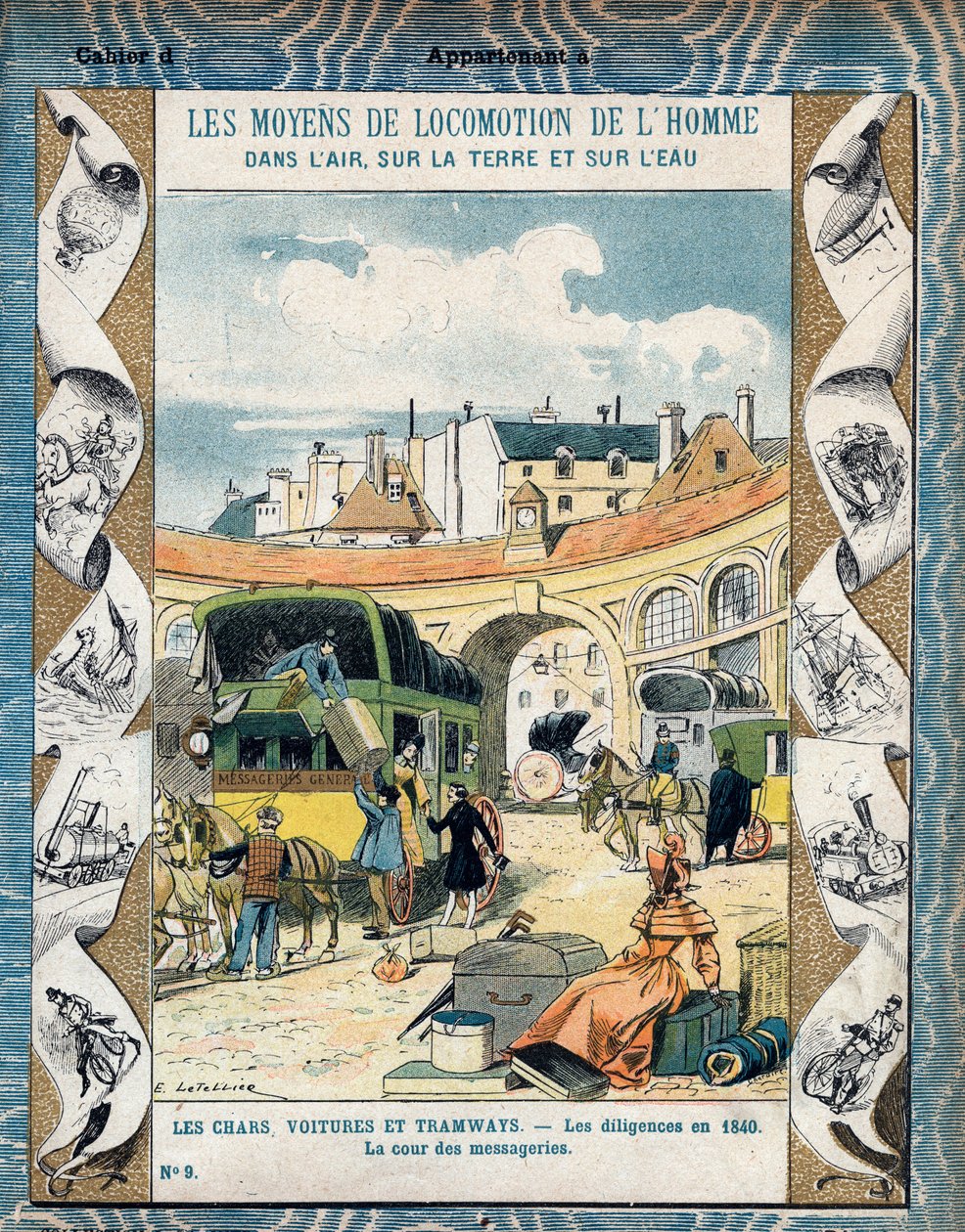 Diligence im Jahr 1840 - der Hof der Nachrichten - Postkutsche im Jahr 1840 - Aus einem Schutzumschlag für Schulbücher, Ende des 19. Jahrhunderts - Illustration von E. Letellier - Historisches Schutzheft, Ende des 19. Jahrhunderts von E. Letellier