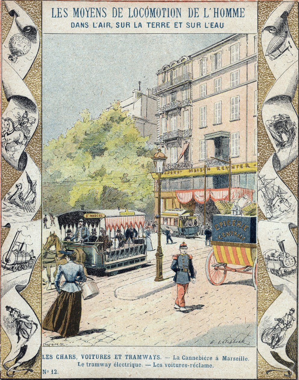 La Canebière in Marseille - die elektrische Straßenbahn - die Autos reklamieren - Illustration von E. Letellier - Schutzumschlag historisches Notizbuch, Ende des 19. Jahrhunderts von E. Letellier