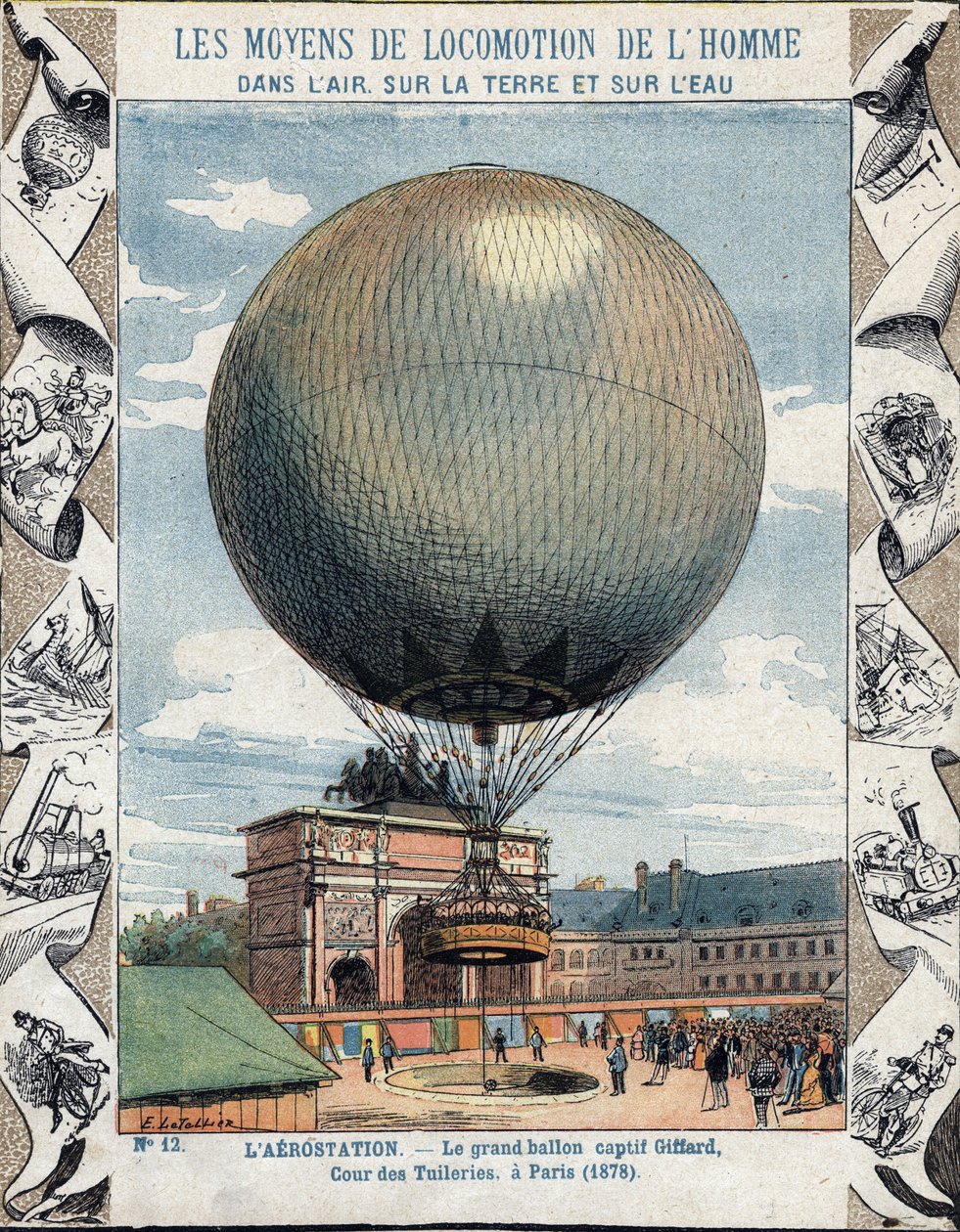Betrieb der Inflation und Ausrüstung des Fesselballons von Henry Giffard in den Tuilerien in Paris 1878 - Aus einem Schutzumschlag für Schulbücher, Ende des 19. Jahrhunderts - Illustration von E. Letellier - Weltausstellung von 1878 in Paris: Inflation von von E. Letellier