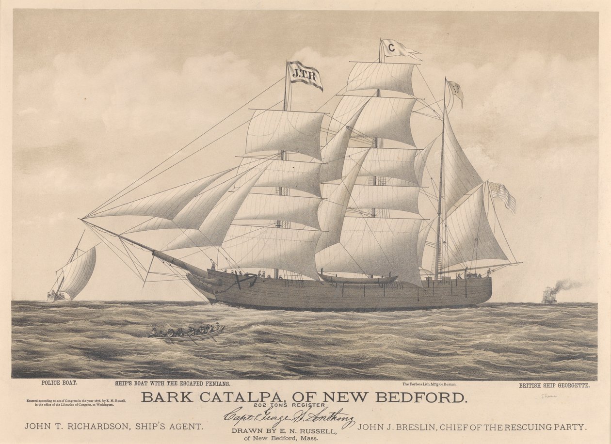 Bark Catalpa aus New Bedford, Polizeiboot, Schiffsboot und britisches Schiff Georgette von E. N. Russell