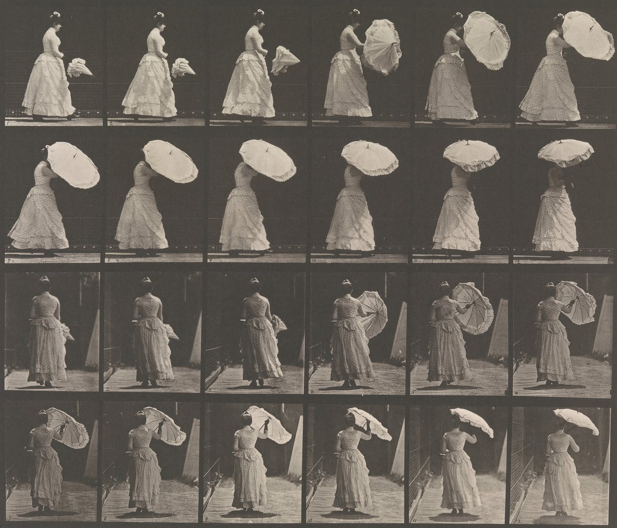 Frau öffnet Sonnenschirm, 1883-86, gedruckt 1887 von Eadweard Muybridge