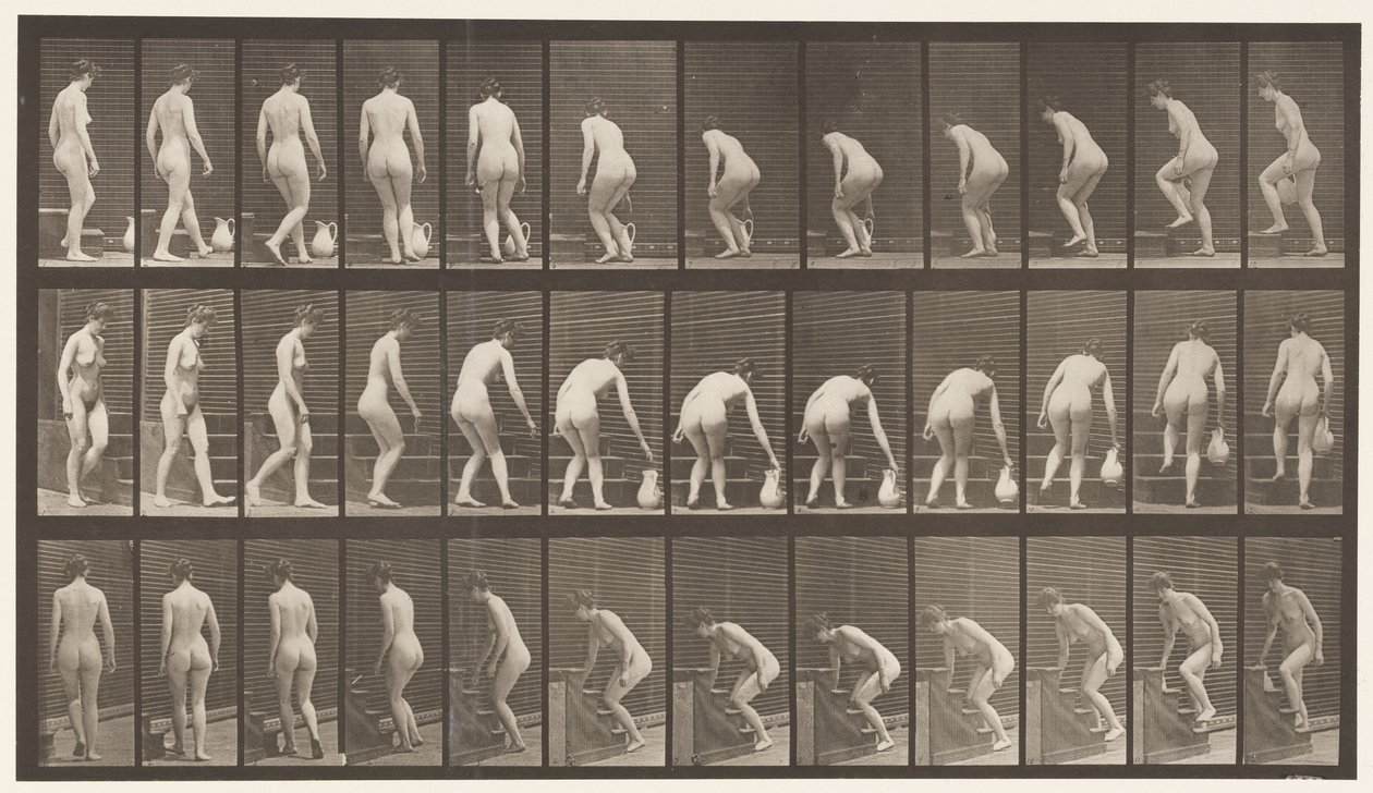 Tafel 108. Drehen zum Treppensteigen, Bücken, einen Krug heben, 1872-1885 von Eadweard Muybridge