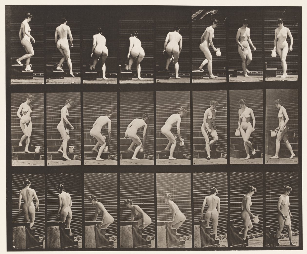 Tafel 150. Treppenabstieg; sich bücken, Krug heben, drehen von Eadweard Muybridge