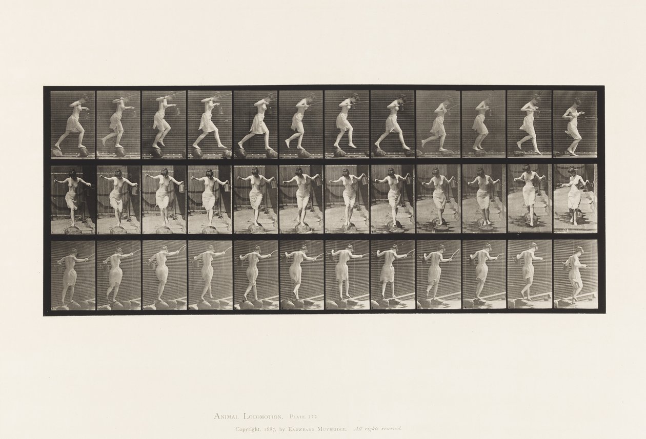 Tafel 175. Überqueren eines Baches auf Trittsteinen mit Angelrute und Dose von Eadweard Muybridge