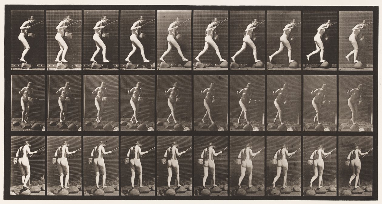 Tafel 176. Bach auf Trittsteinen überqueren mit Angelrute und Korb von Eadweard Muybridge