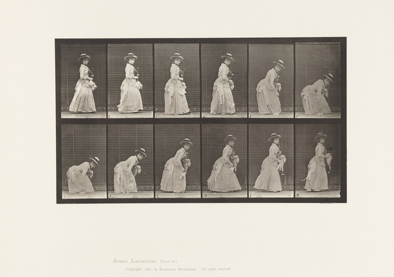 Bücken und Taschentuch heben; Sonnenschirm in der linken Hand von Eadweard Muybridge