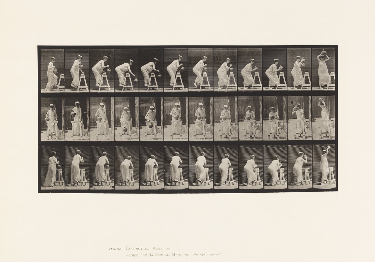 Tafel 216. Bücken, um einen Wasserkrug zu füllen; Krug auf den Kopf stellen von Eadweard Muybridge