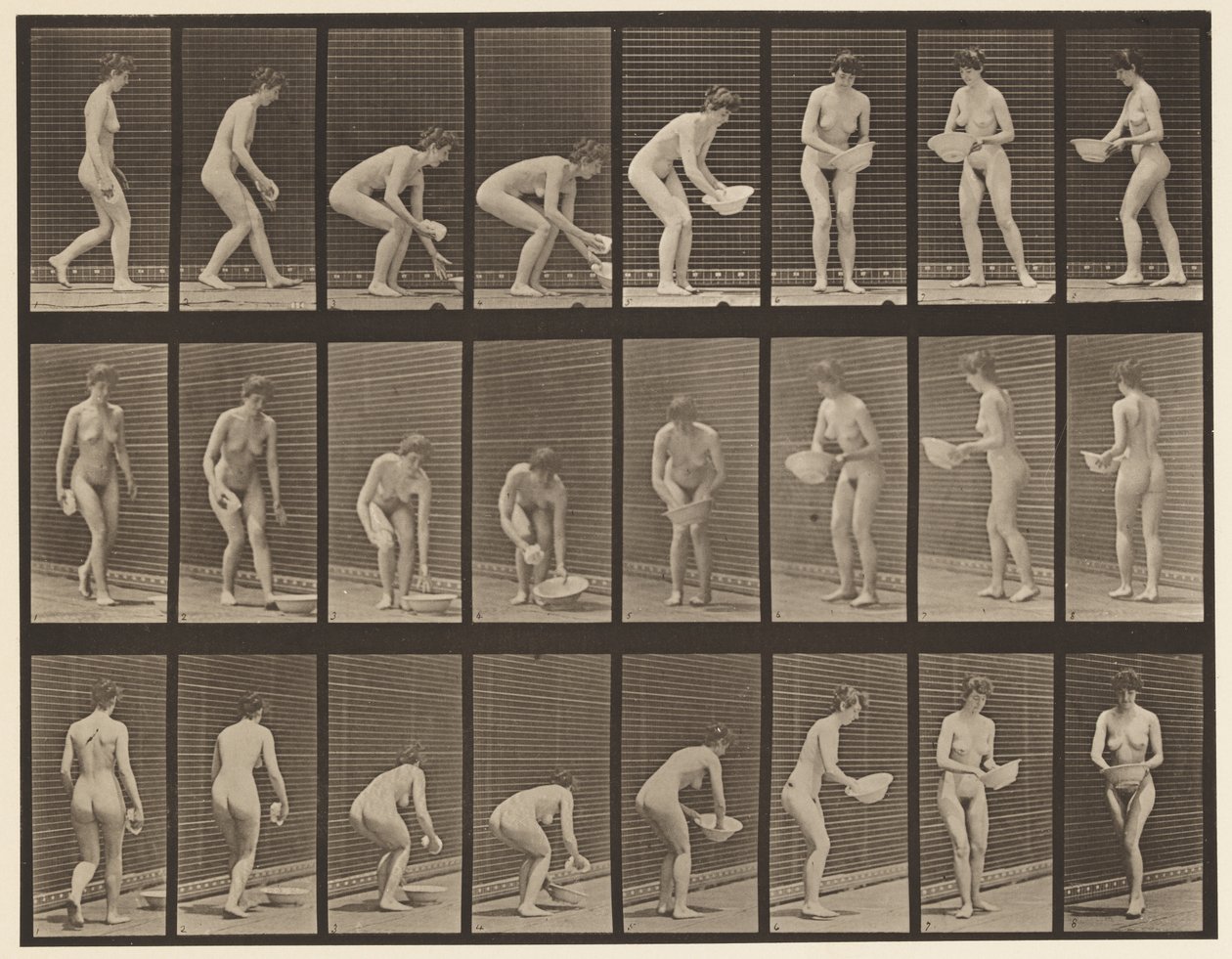 Tafel 223. Bücken und Becken heben, abwischen und drehen, 1872-1885 von Eadweard Muybridge