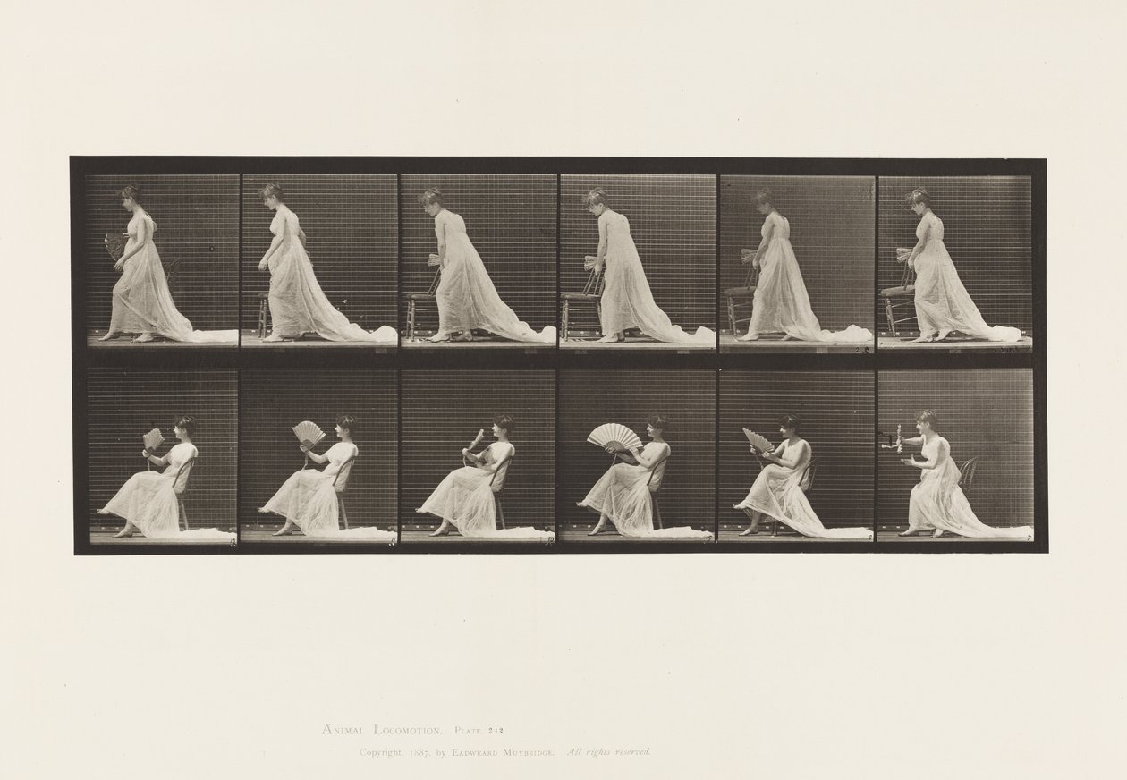 Stuhl platzieren, sitzen und einen Fächer schwenken von Eadweard Muybridge