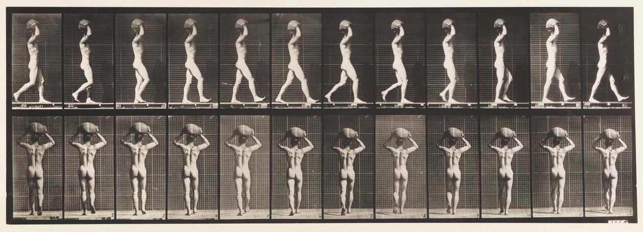 Tafel 27. Gehen, 70 Pfund Stein auf dem Kopf tragend, Hände erhoben von Eadweard Muybridge