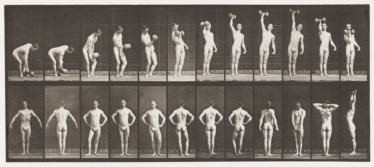 Tafel 321. A, Einen 50-Pfund-Hantel heben; B, Posen von Eadweard Muybridge