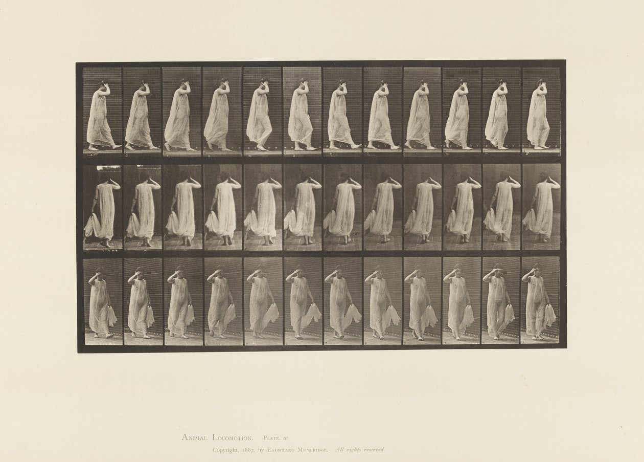 Gehen, linke Hand hält Kleid, rechte Hand am Gesicht von Eadweard Muybridge