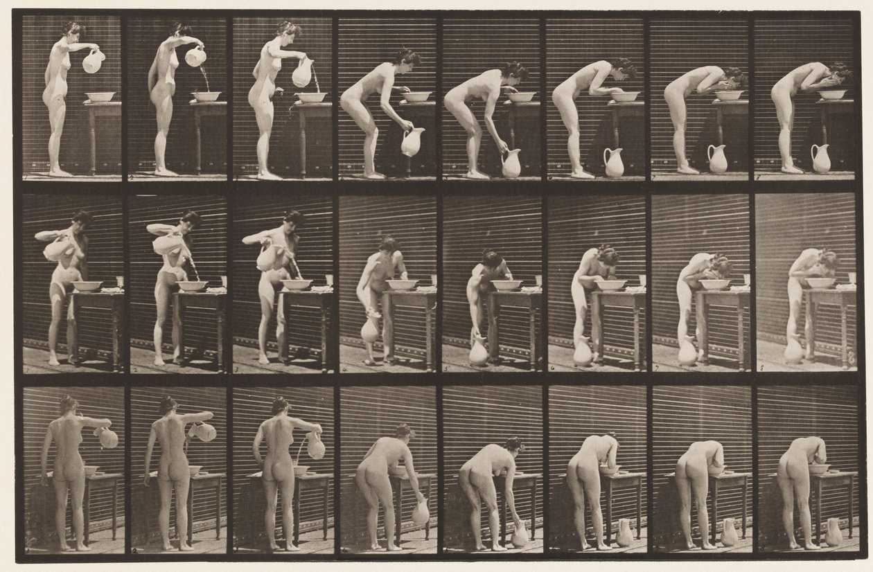 Tafel 413. Wasser in Becken gießen und Gesicht waschen von Eadweard Muybridge