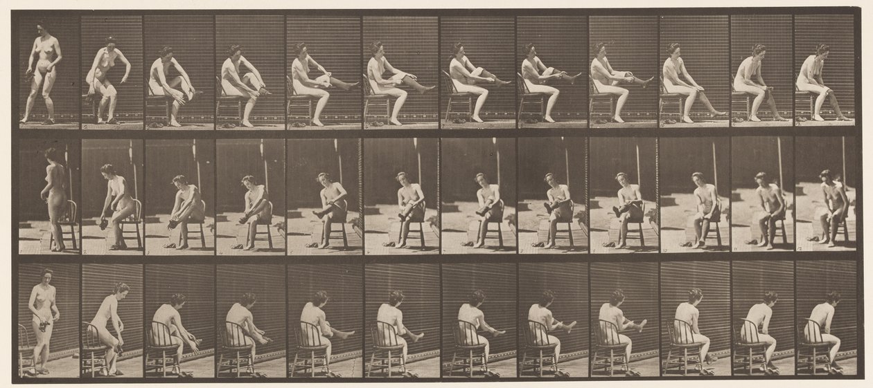 Tafel 418. Toilette, Sitzen und Strümpfe anziehen, 1872-1885 von Eadweard Muybridge