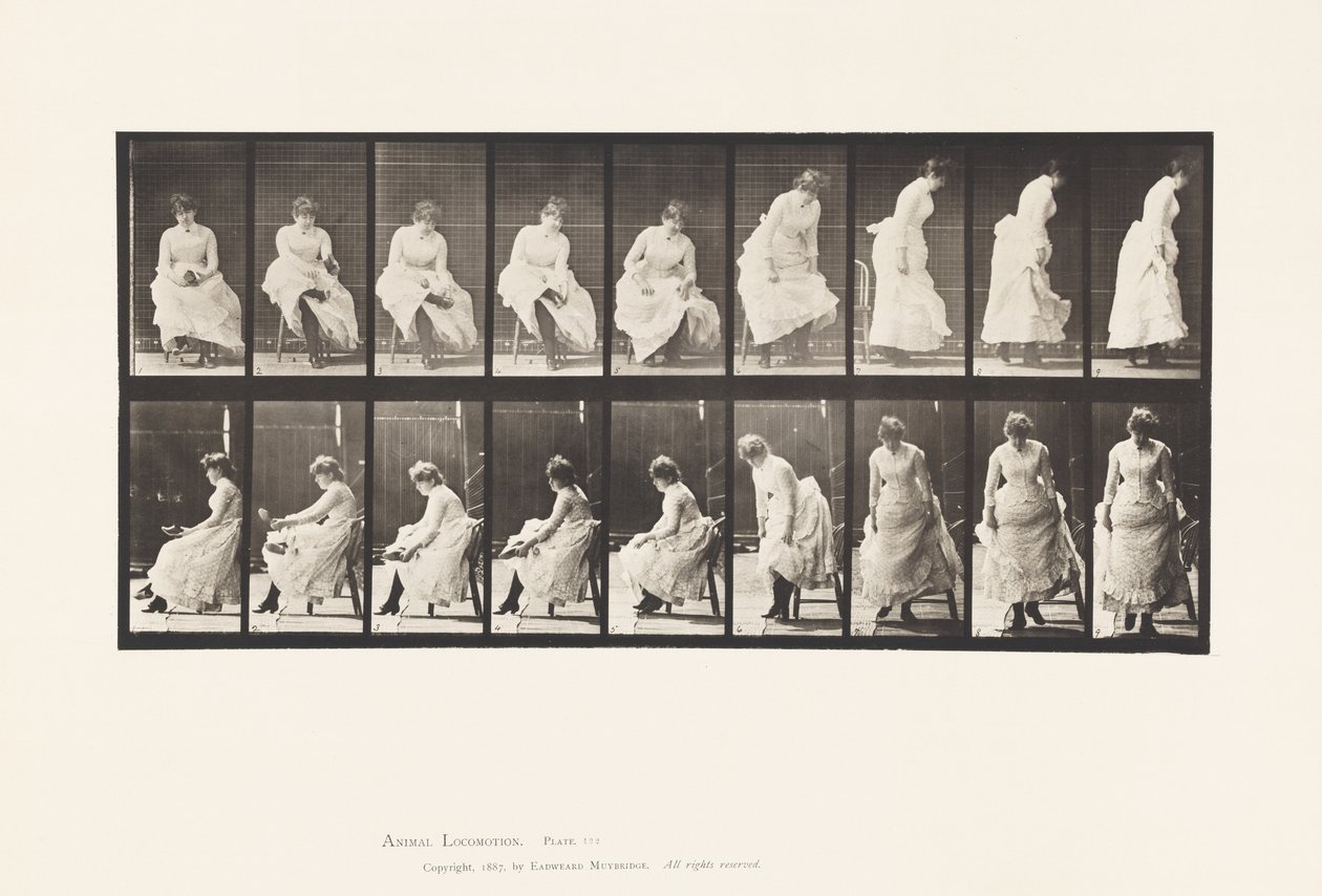 Tafel 422. Toilette; Schuhe anziehen und vom Stuhl aufstehen, 1885 von Eadweard Muybridge