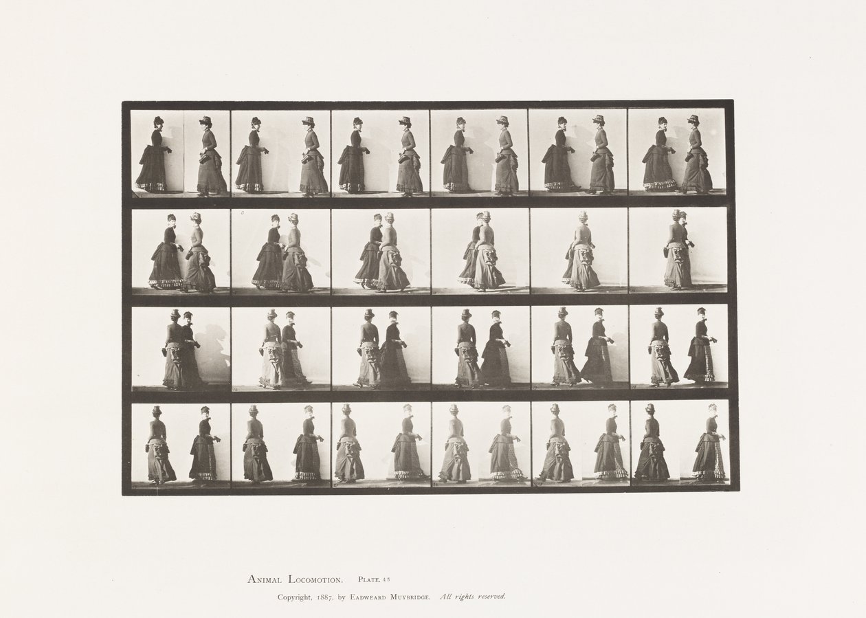 Tafel 45. Gehen, zwei Modelle treffen sich und drehen sich teilweise von Eadweard Muybridge