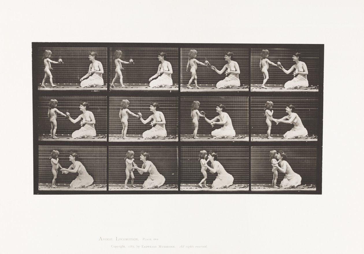 Zwei Modelle, Kind bringt Blumenstrauß, 1885 von Eadweard Muybridge