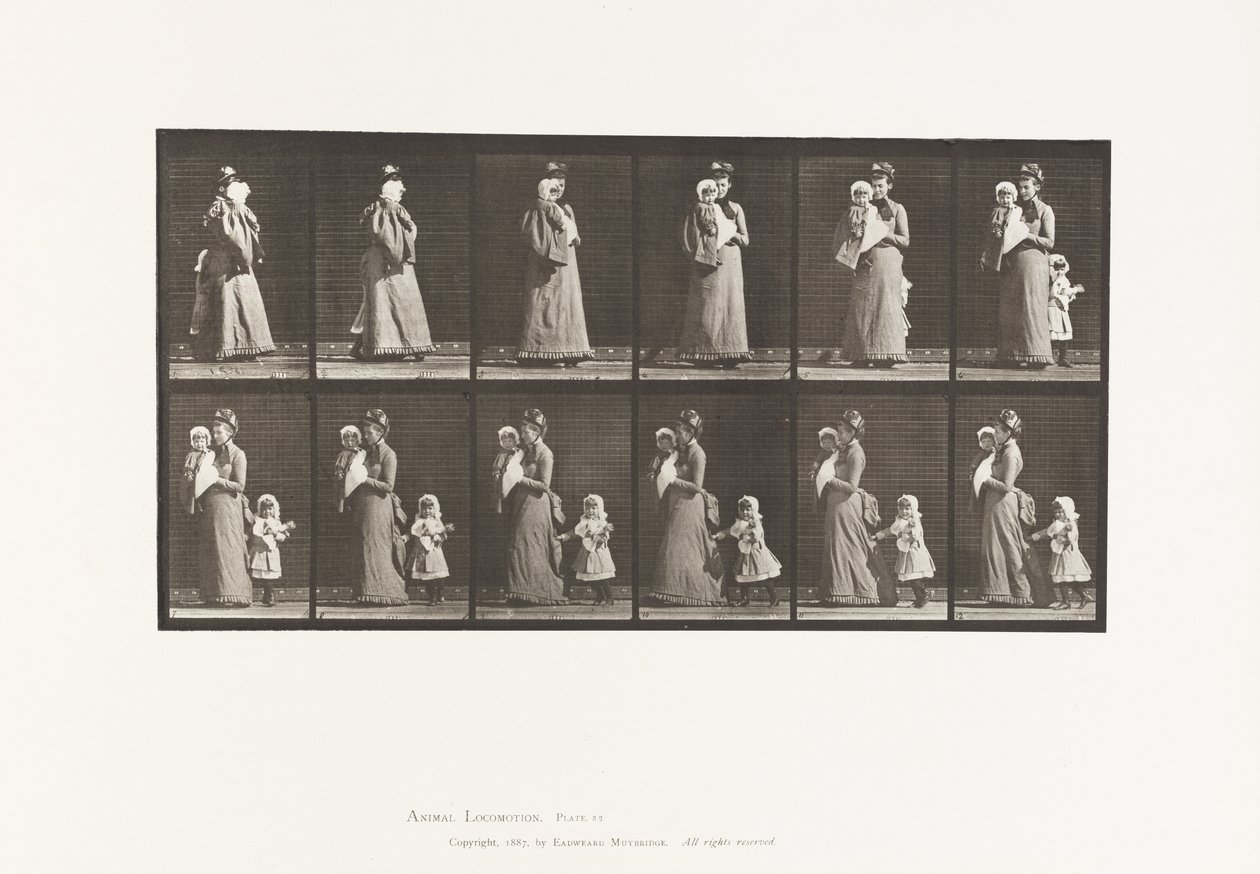 Tafel 52. Gehen mit Kind, das sich umdreht; ein anderes Kind hält sich am Kleid fest von Eadweard Muybridge