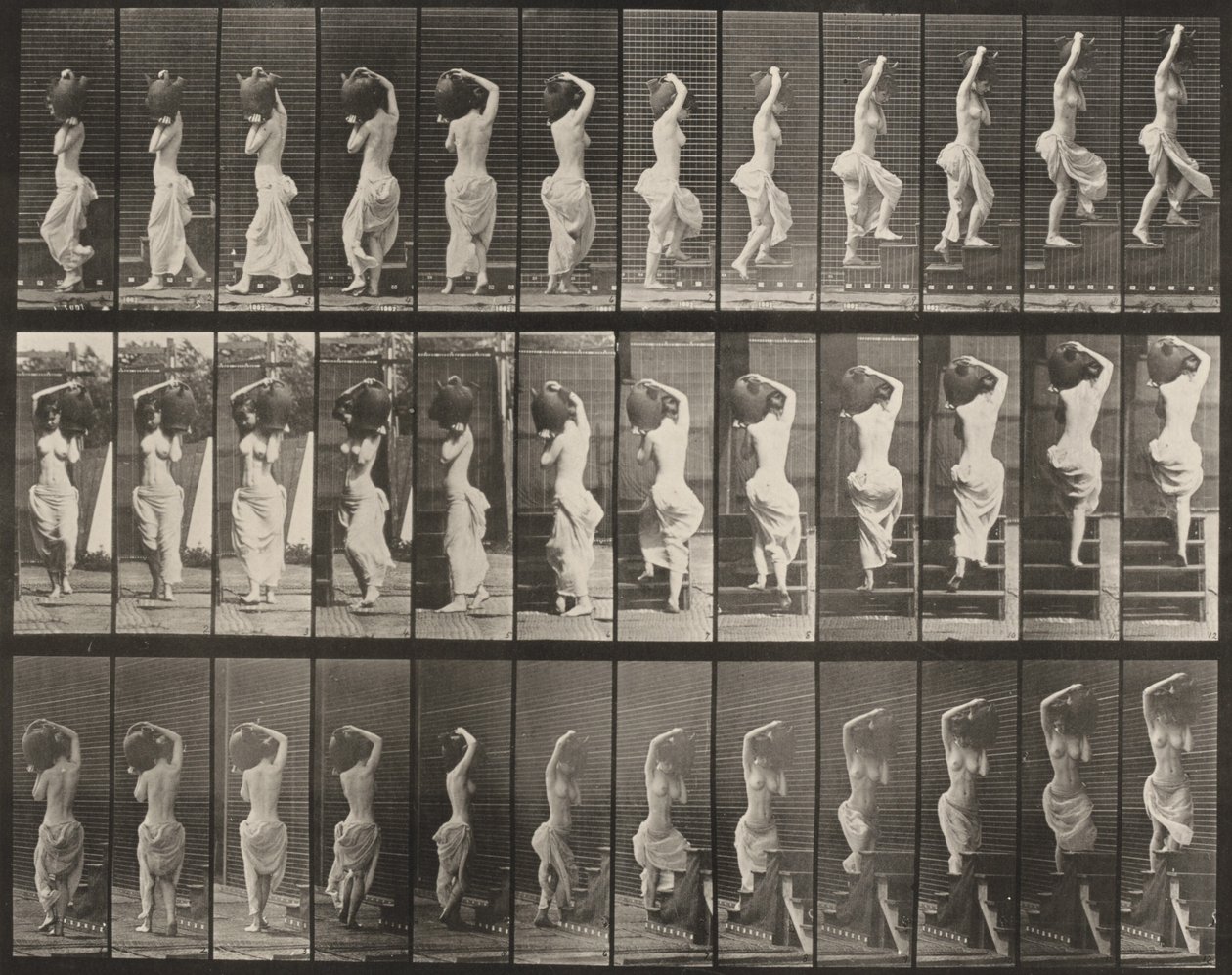Tafel Nummer 105. Wenden und Treppensteigen, ein Wasserkrug auf der linken Schulter von Eadweard Muybridge