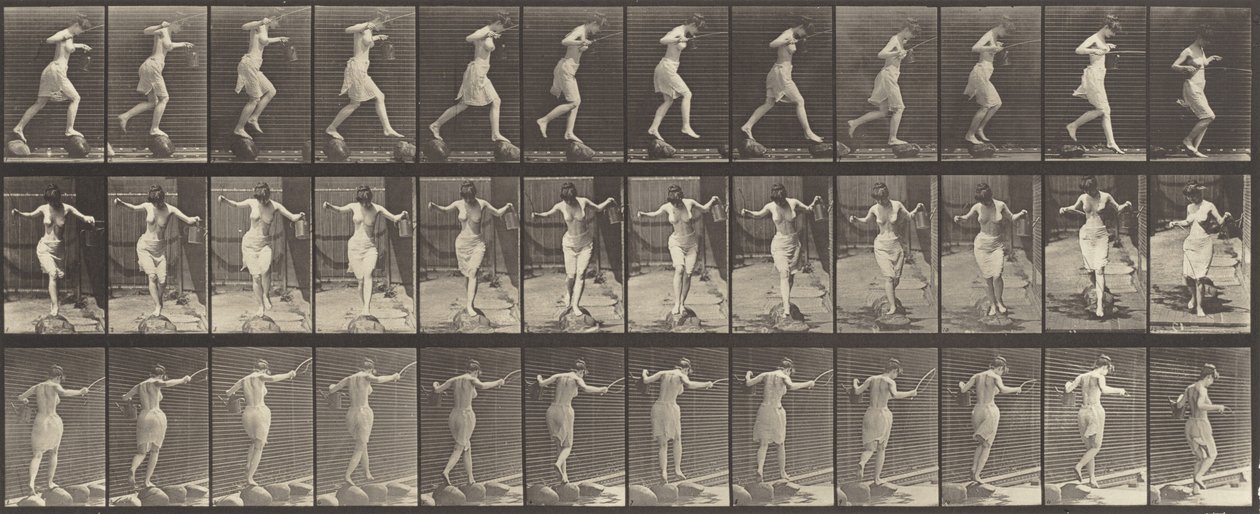 Tafel Nummer 175. Überqueren eines Baches auf Trittsteinen mit einer Angelrute und Dose von Eadweard Muybridge