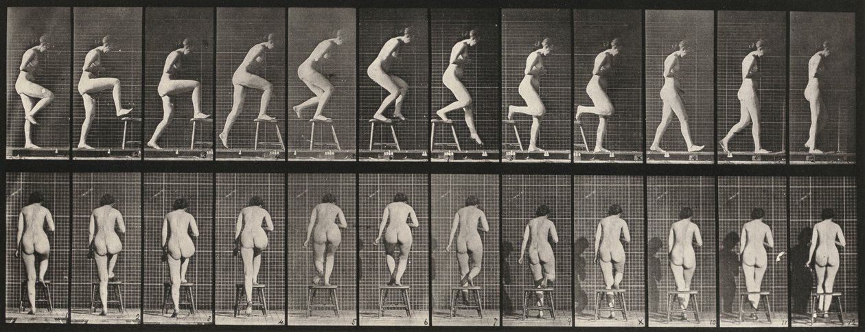 Tafel Nummer 180. Auf einen Stuhl treten und darüber steigen von Eadweard Muybridge