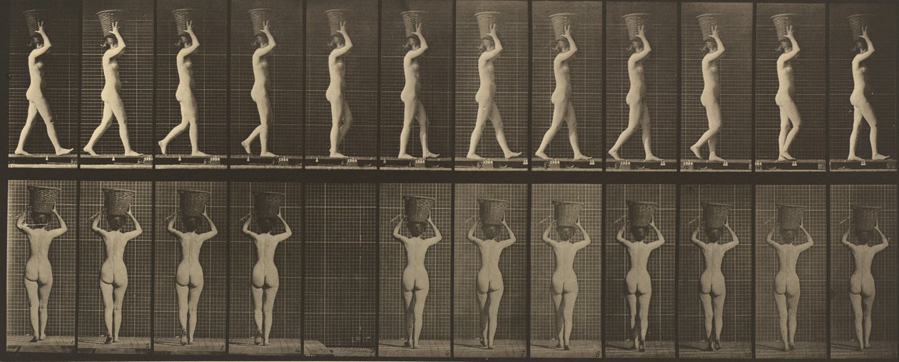 Tafel Nummer 34. Gehen und Tragen eines 15-Pfund-Korbs auf dem Kopf, Hände erhoben von Eadweard Muybridge