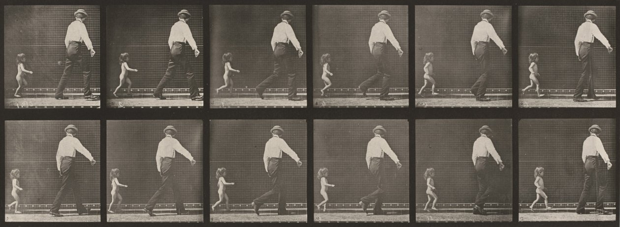 Tafel Nummer 470. Kind, das einem Mann hinterherläuft von Eadweard Muybridge