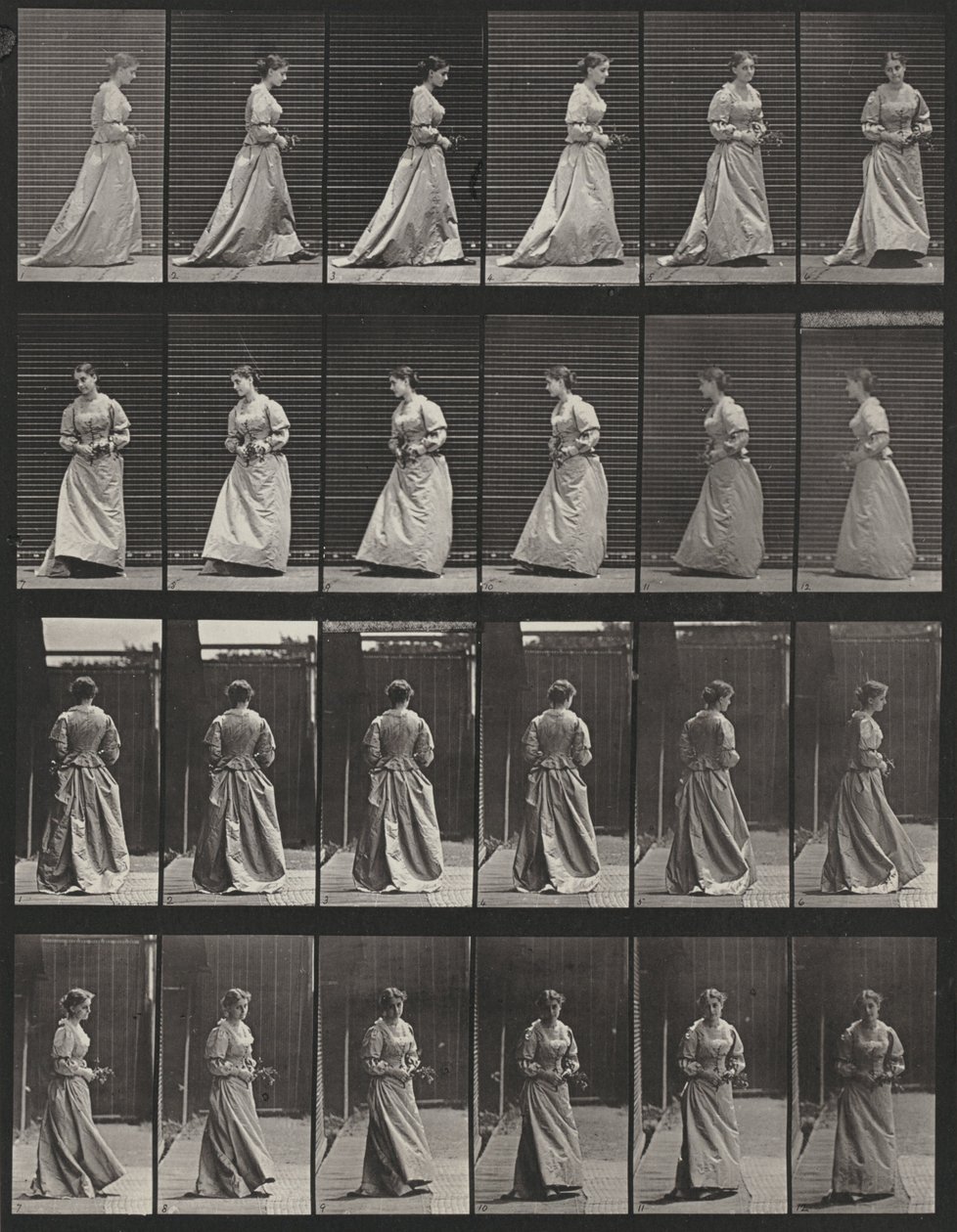 Tafel Nummer 48. Gehen und sich mit einem Blumenstrauß in beiden Händen umdrehen von Eadweard Muybridge