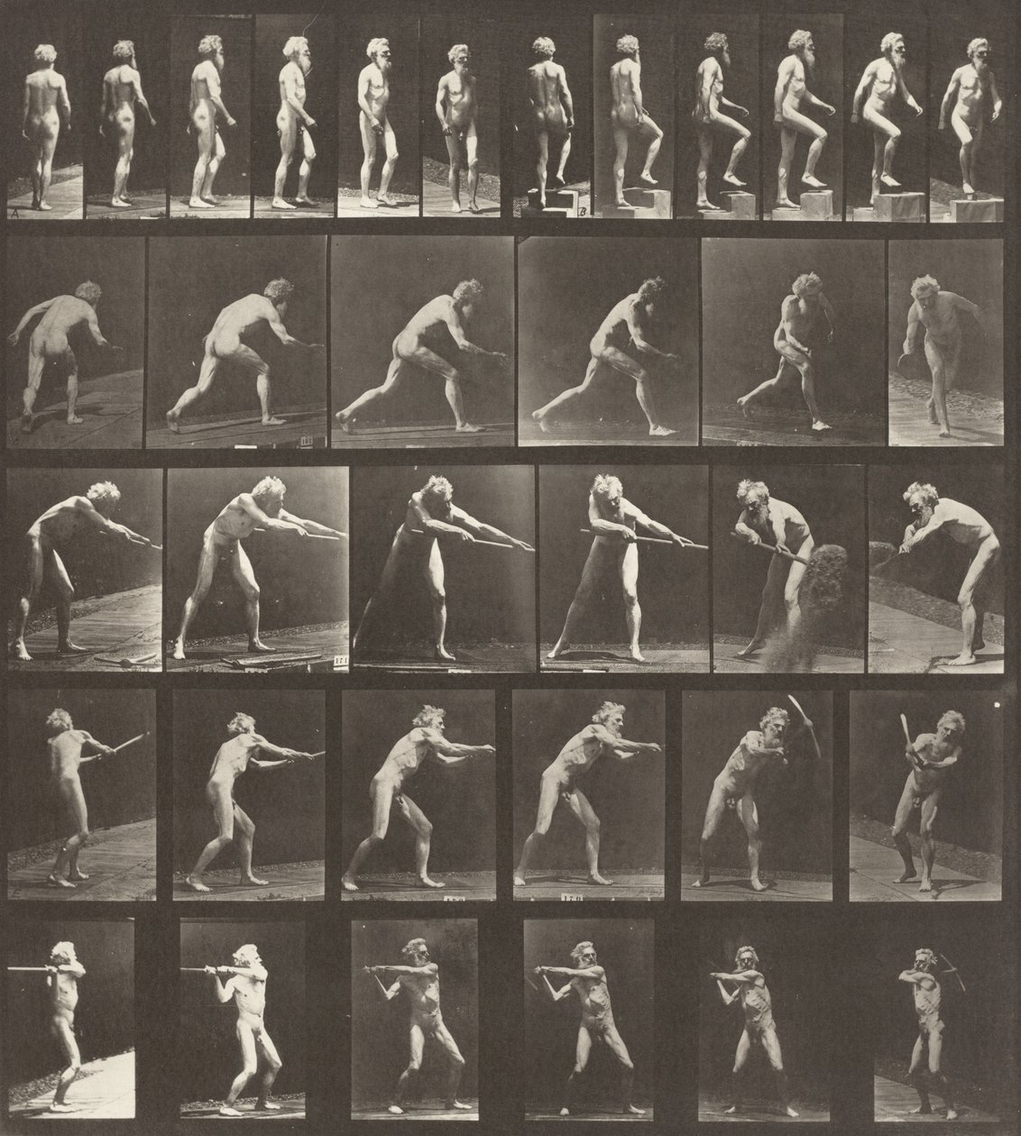 Tafel Nummer 521. A: Gehen. B: Eine Stufe hinaufsteigen. C: Den Diskus werfen. D: Eine Schaufel benutzen. E, F: Einen Pickel benutzen von Eadweard Muybridge