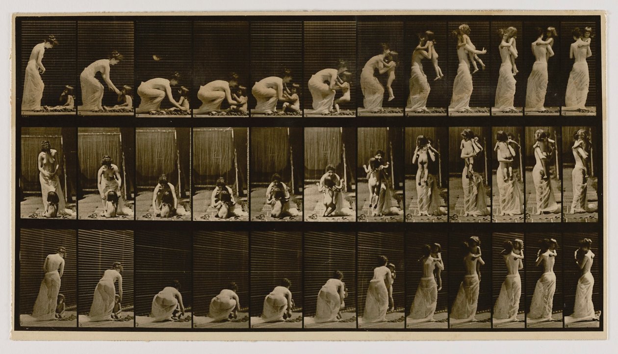Frau hebt und trägt Kind, aus dem Buch Animal Locomotion von Eadweard Muybridge