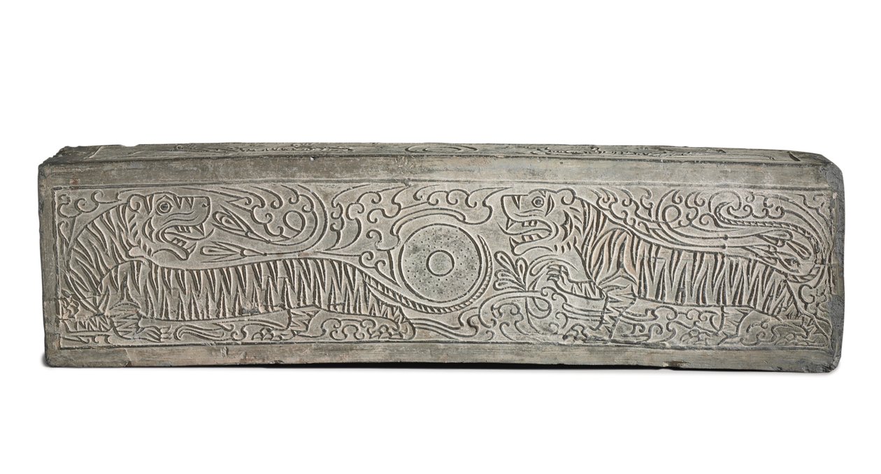 Großes geformtes graues Grabarchitekturelement mit zwei Tigern von Eastern Han Dynasty Chinese School