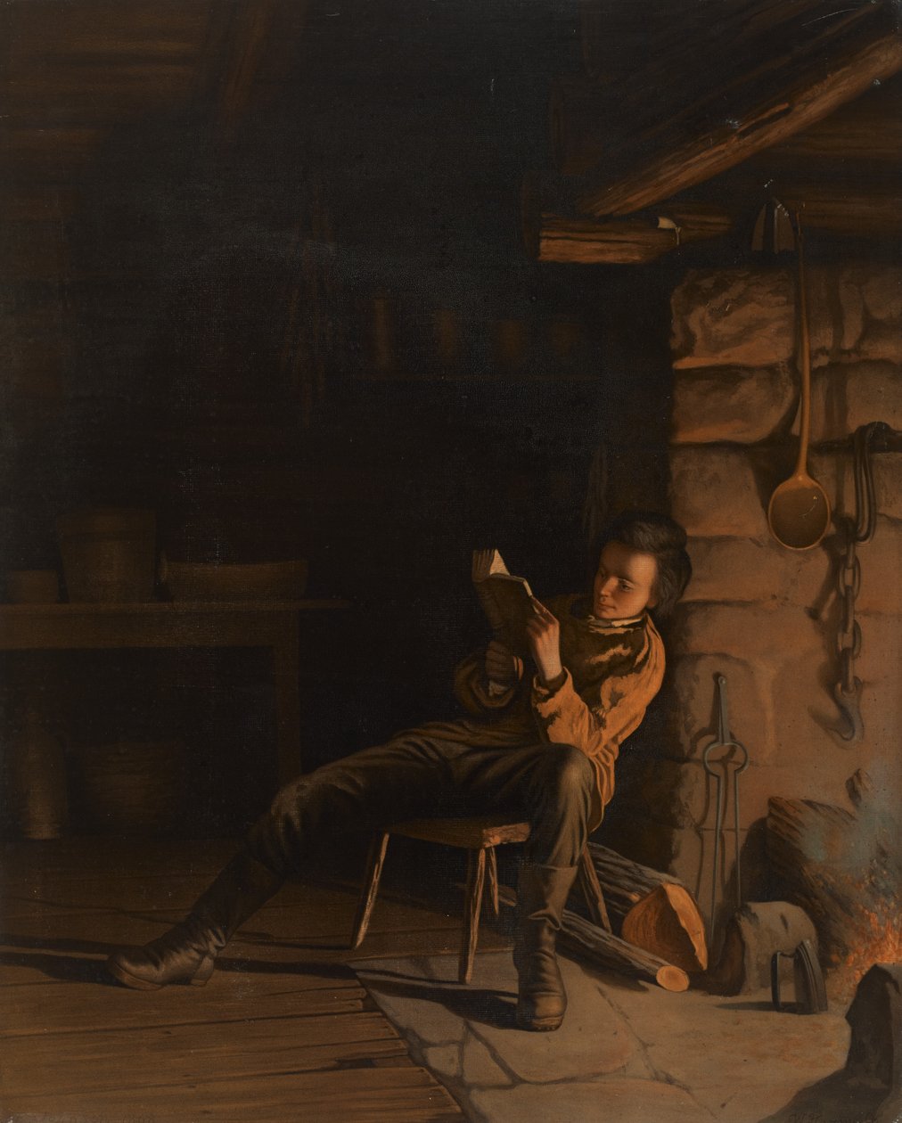 Die Jugend von Lincoln. (Ein Abend in der Blockhütte), 1868 von Eastman Johnson