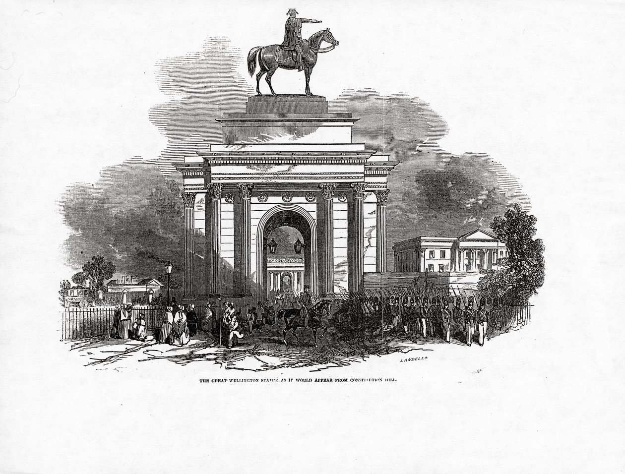 Die große Wellington-Statue, wie sie von Constitution Hill aus erscheinen würde, veröffentlicht in 