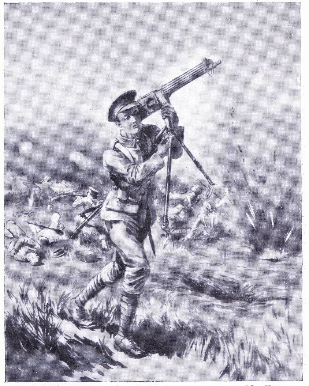 Private Lynn trägt ein Maschinengewehr zur Reparatur unter schwerem Beschuss in der Schlacht von Aisne. Ausgezeichnet mit DCM 1915 von Edgar Alfred Holloway