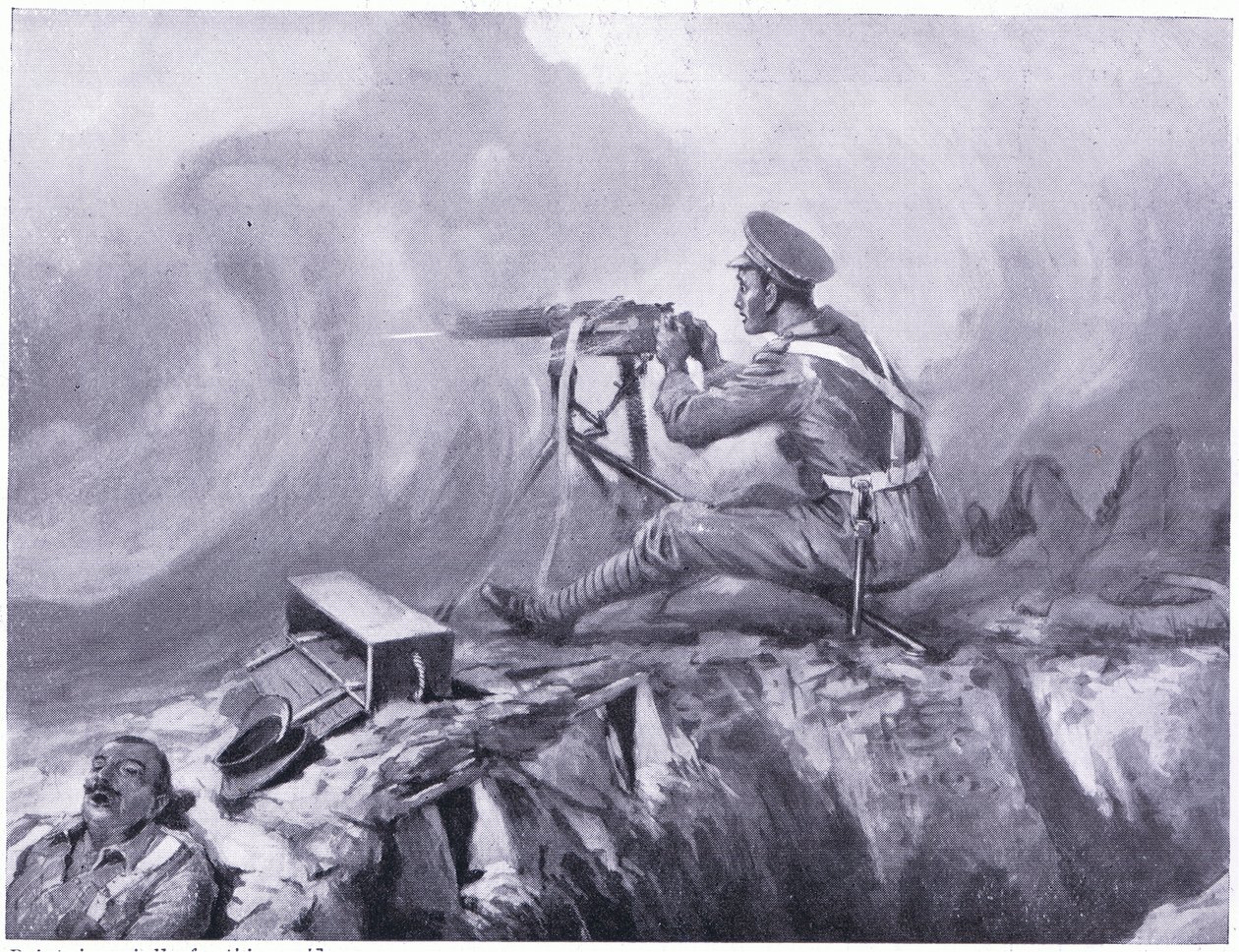 Private Lynn stirbt an Gasvergiftung, bedient ein Maschinengewehr und schlägt einen deutschen Angriff ab. Ypern April 1915 von Edgar Alfred Holloway