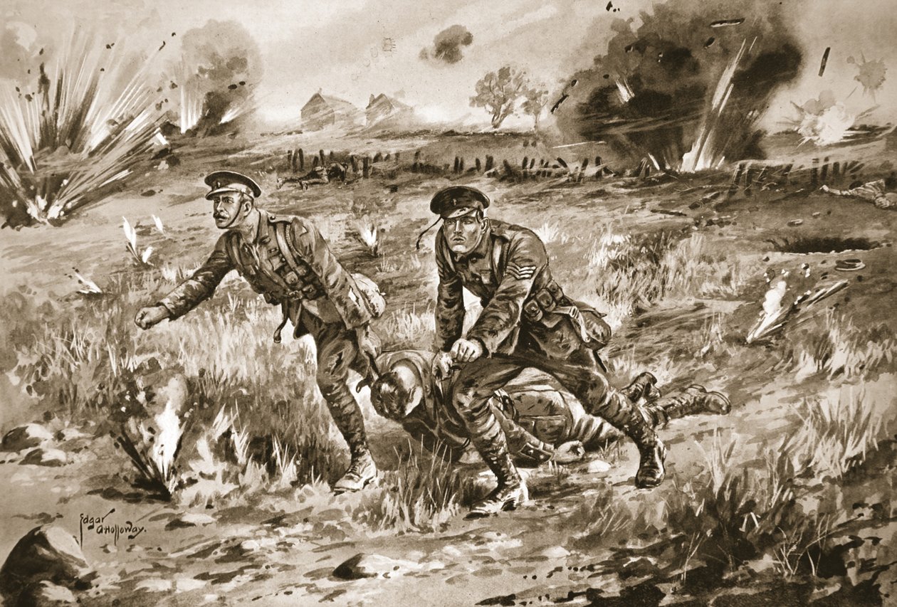 Sergeant Gannon hilft einem Offiziersdiener, seinen verwundeten Herrn unter schwerem Beschuss zu bergen von Edgar Alfred Holloway