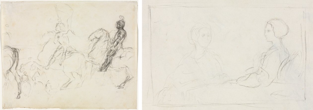 Kampfszene mit gepanzerten Figuren zu Pferd (recto) Zwei sitzende Frauen (verso) von Edgar Degas