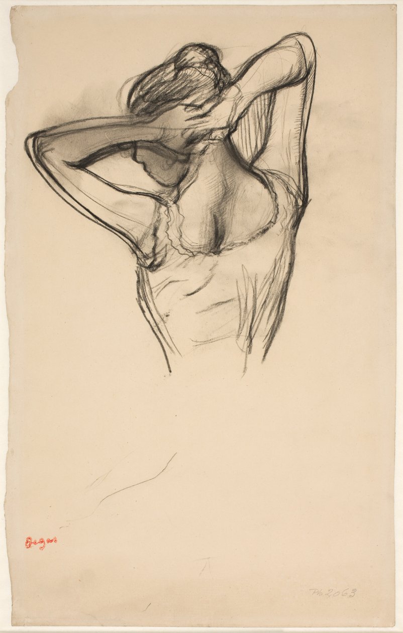 Tänzerin, die ihr Haar richtet; Halbfigur im Profil nach links, halb von hinten von Edgar Degas