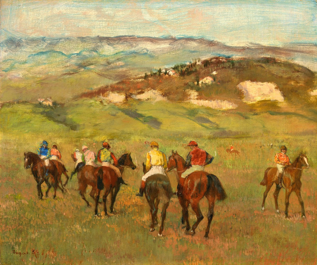 Jockeys zu Pferd vor fernen Hügeln, 1884 von Edgar Degas