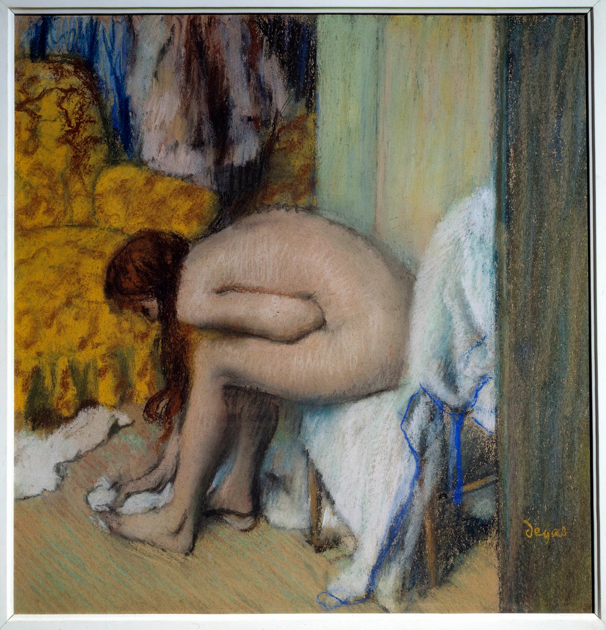 Nackte Frau, die ihre Füße abwischt. Eine Frau bei ihrer Toilette. Gemälde (Monotypie in schwarzer Tinte) von Edgar Degas (1834-1917). 1879-1893. Paris, Musée d